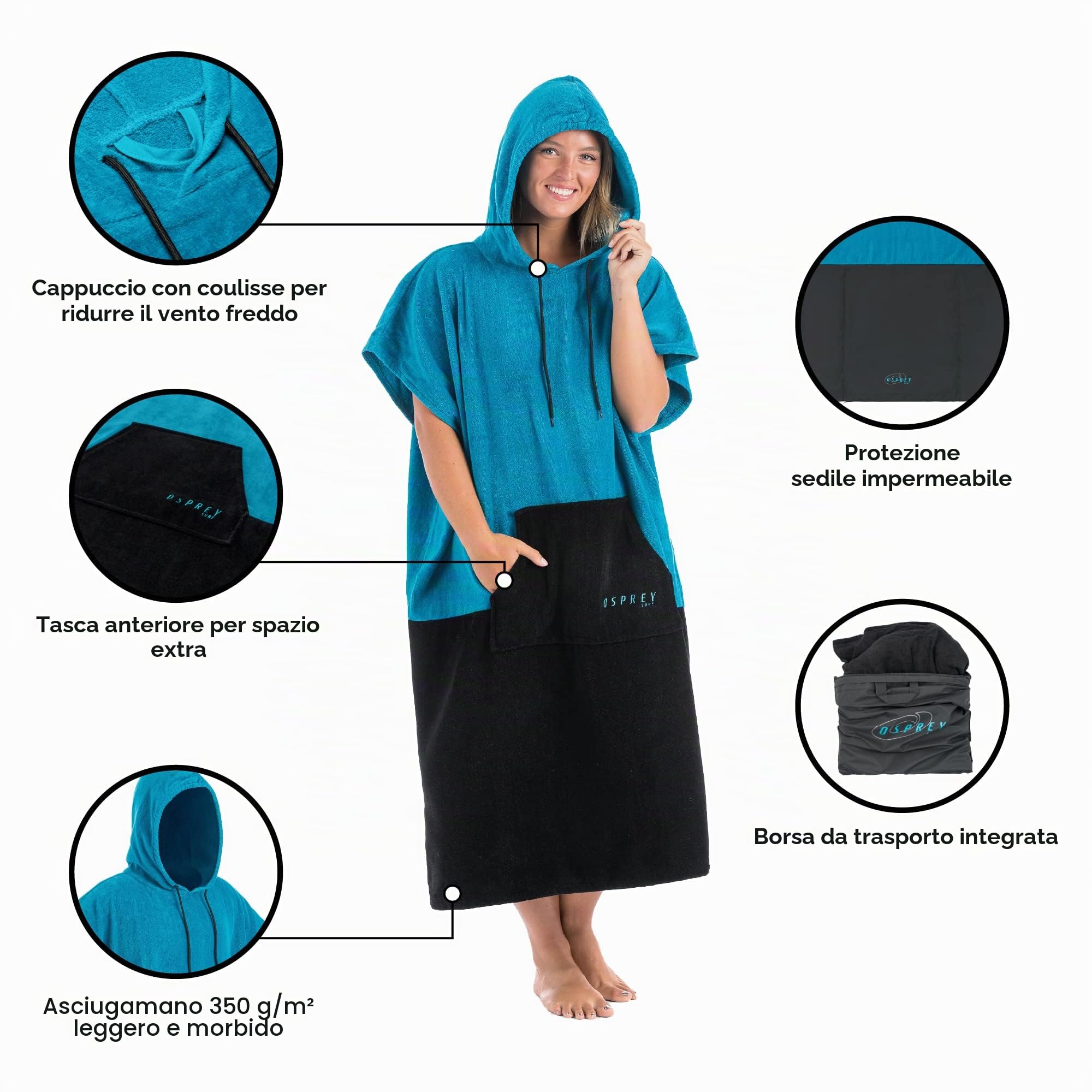 Osprey Poncho asciugamano unisex con cappuccio, poncho da surf, accappatoio da spiaggia per uomo e donna, con design a scomparsa, diversi colori