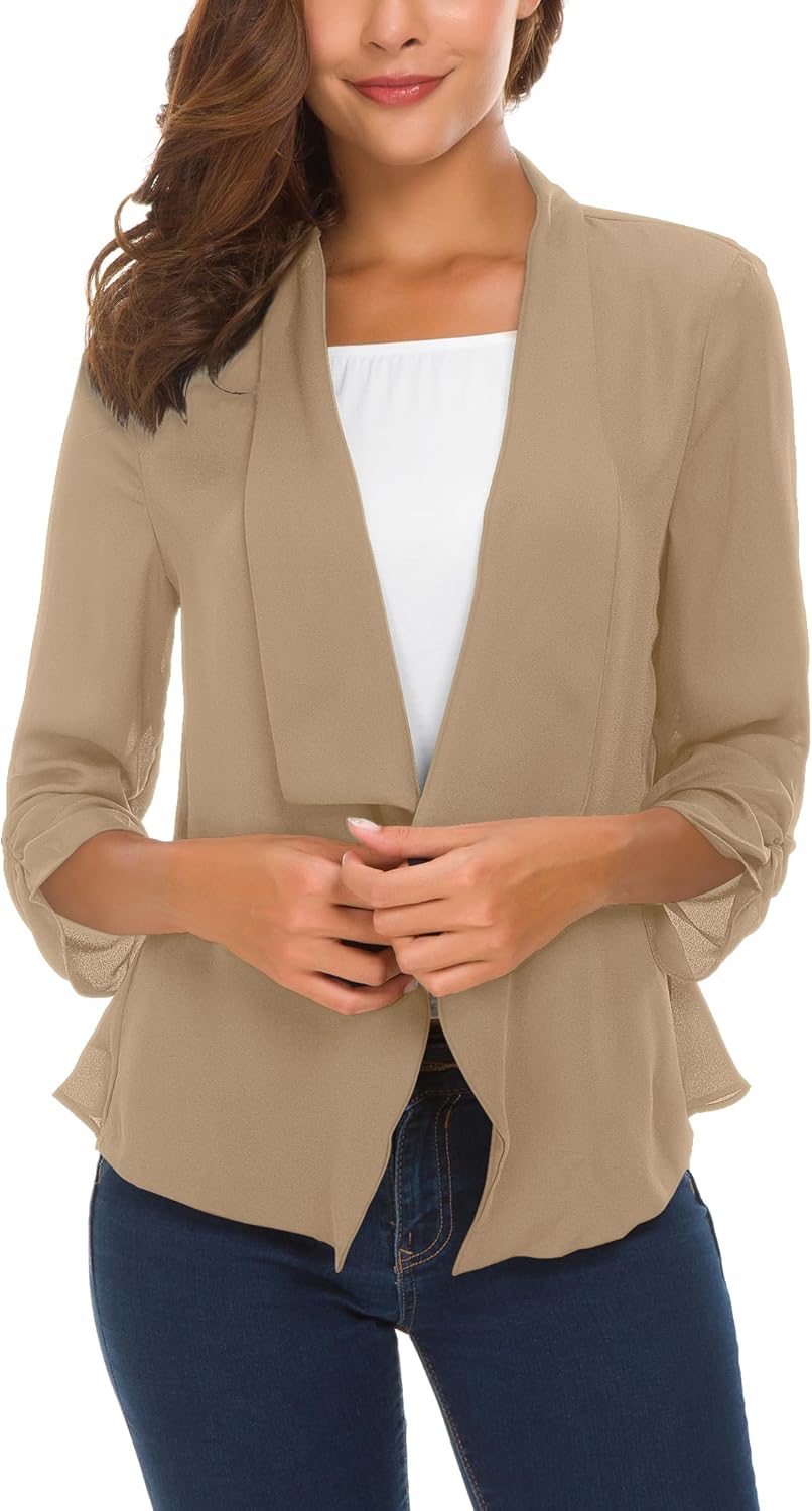Urban CoCo Women's Ruched Sleeve Lightweight Thin Chiffon Blazer - Image 5