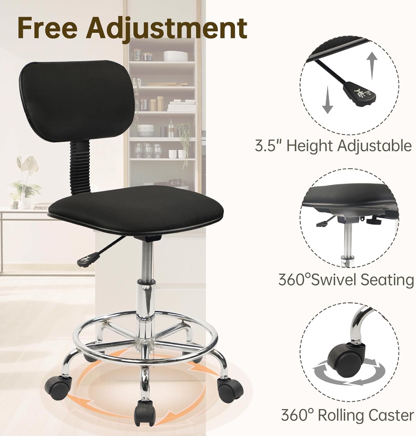 Low Wide Rolling Swivel Stool with Backrest, Adjustable Height Salon Chair Stools with Footrest for Spa Tattoo Office Desk Massage Task Lash Barber Facial, Black 4PK