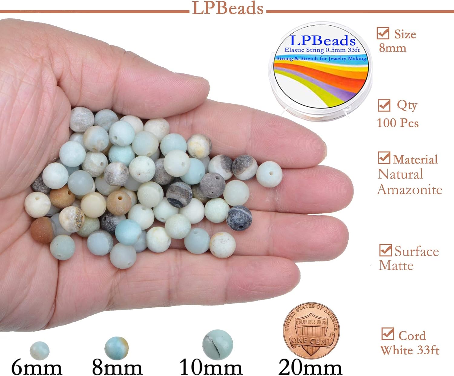 8mm Natural Matte Multi Color Amazonite Round Gemstone 100Pcs Loose Beads for Jewelry Making Bracelet with Stretch Beading Cord LPBeads - Image 2