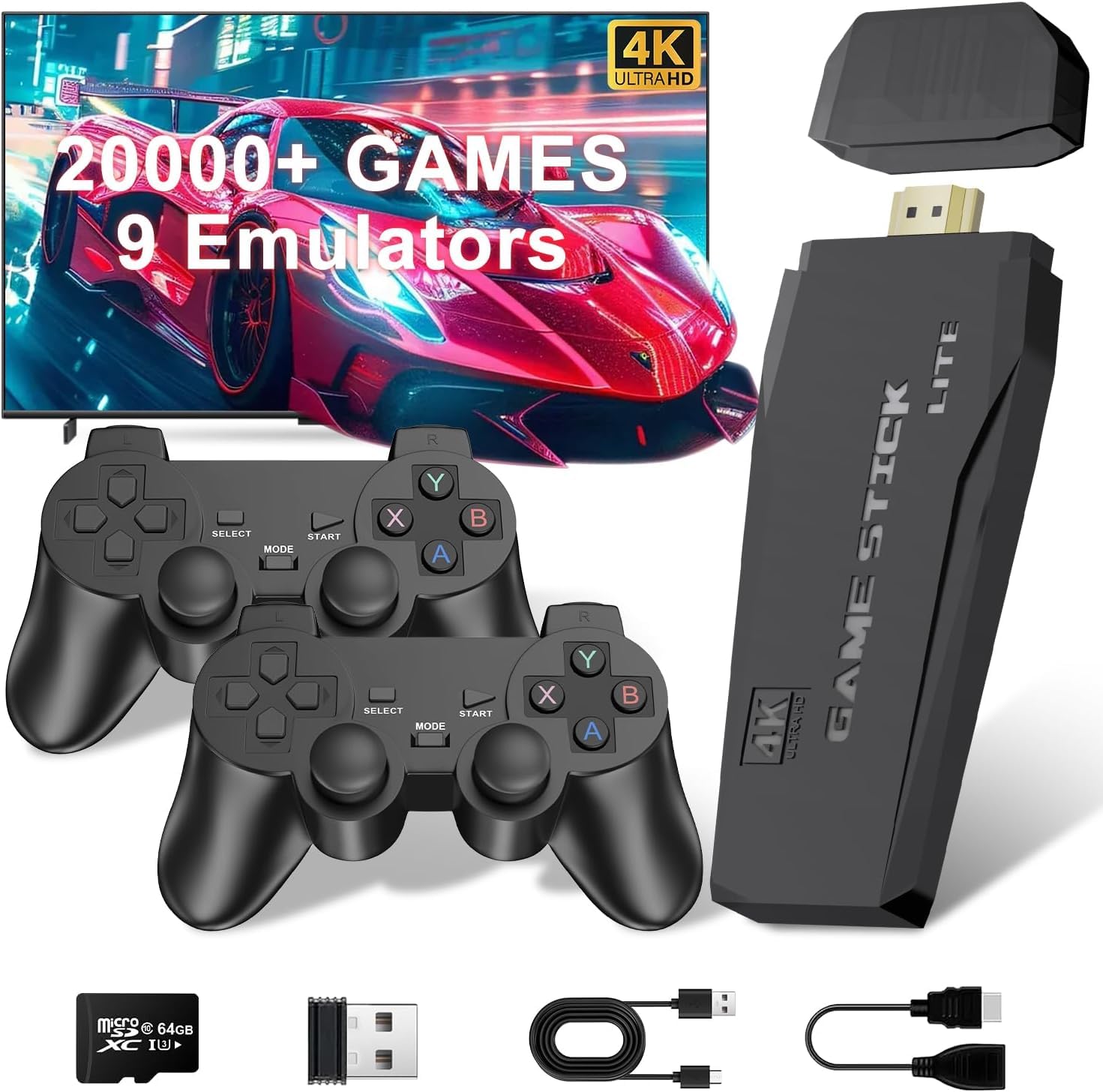 2025 Wireless Video Games for Tv Gaming Plug & Play Video Game 4K HD Game Stick, Wireless TV Game with Games Built-in 20,000+ Games & 64Gb, 9 Emulators TV Gaming Console for Kids 5 Years to 17 Years