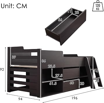 3ft Mid Sleeper Bed Frame with Storage and Ladder, Modern Taupe Wooden Cabin Bed, 90x190 cm, 120KG Weight Capacity
