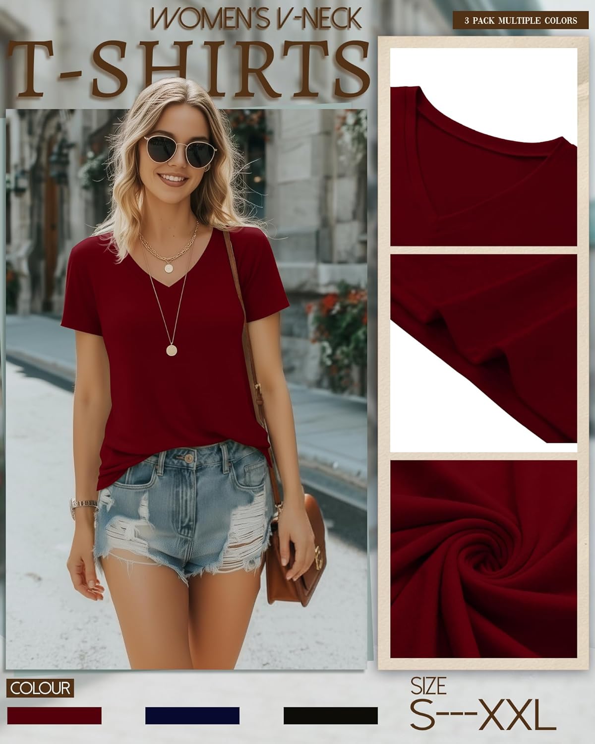 Riyiper 3 Pack Women's V Neck T-Shirts Short Sleeve Loose Fit Tops Casual Basic Trendy Straight Hem Plain Tees - Image 4