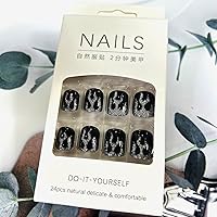 Vista 6 de Uñas postizas cortas negras a presión, con forma de ataúd, reutilizables, con pegamento, uñas adhesivas con diseños de llama plateada, uñas