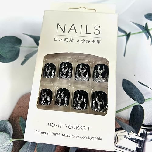 Miniatura 6 de Uñas postizas cortas negras a presión, con forma de ataúd, reutilizables, con pegamento, uñas adhesivas con diseños de llama plateada, uñas