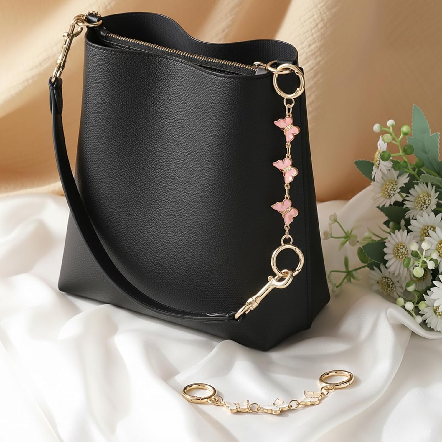 Gold Enamel Flower Purse Extender Chain Bag Charm Strap