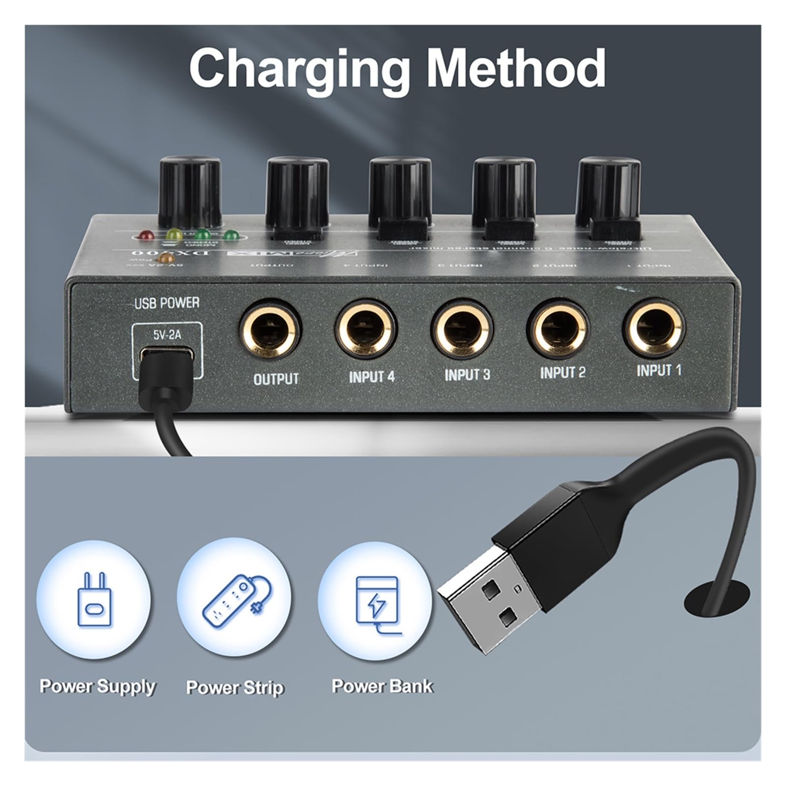 Mixer audio per DJ 4/6/8 canali Mini mixer Ultra Low Noise TYPE-C 5V 2A Mixer stereo Facile da usare for piccoli club e bar(8 Channels)