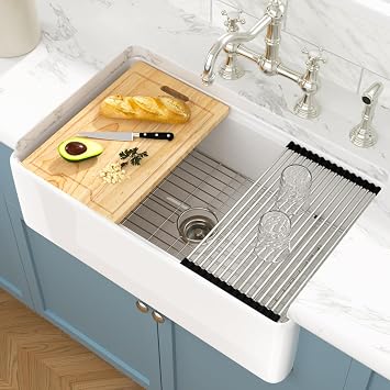 Sarlai 30 inch White Farmhouse Sink - 30x20 Fireclay Farm Kitchen Sink Undermount Workstation Single Bowl Apron Front Ceramic Farmer Barn Sinks Basin with Accessories