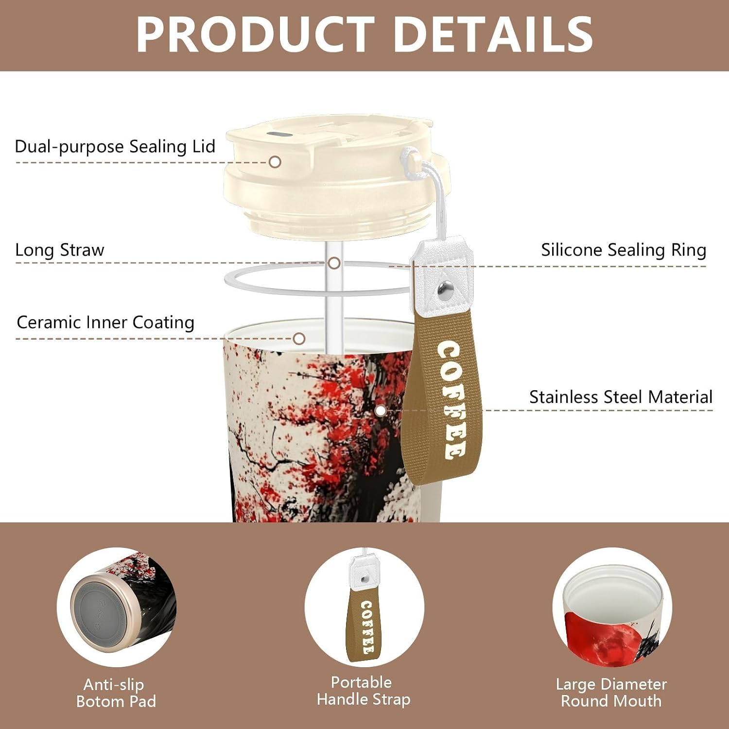 Retro Japanese Samurai Cherry Insulated Coffee Mug with Straw & Flip Lid, 16.9oz Iced Tumbler Cup, Double Wall Vacuum Leak-Proof Mug for Travel Office