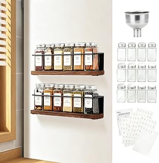 Magnetic Spice Rack Organizer with 12 Jars, 216 Labels, 1 Steel Funnel for Refrigerator,Microwave Oven - Full Set of Seasoning Organizer, Kitchen Gadgets
