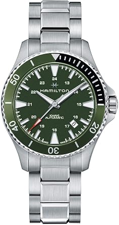 Hamilton Khaki Navy Automatic Men's Watch, 40mm Stainless Steel Case, Swiss Made, Green Dial Analog Wrist Watch for Men, 100m Waterproof, Sapphire Crystal, 3-Hand Movement, Stainless Steel Strap