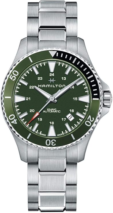 Hamilton Khaki Navy Automatic Men's Watch, 40mm Stainless Steel Case, Swiss Made, Green Dial Analog Wrist Watch for Men, 100m Waterproof, Sapphire Crystal, 3-Hand Movement, Stainless Steel Strap