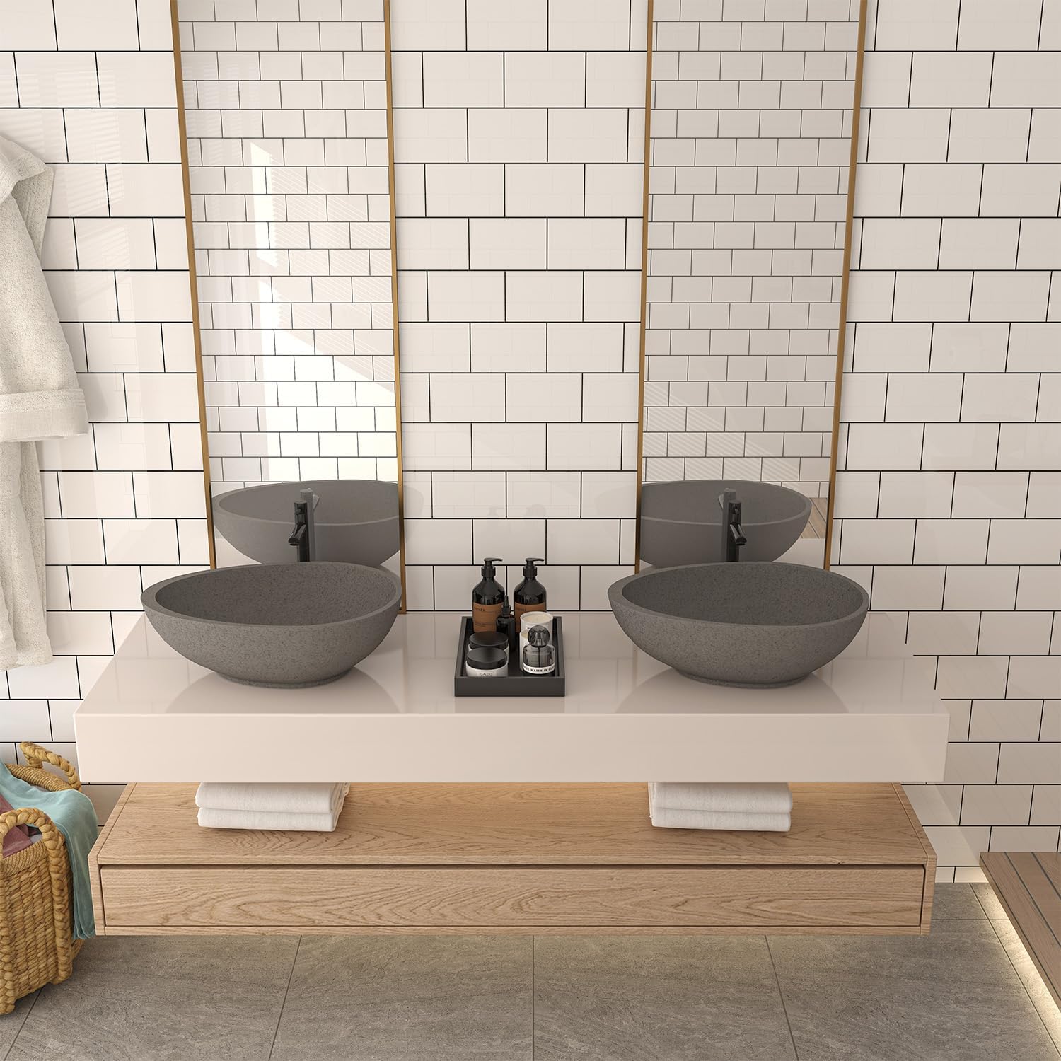 CASAINC Vessel Sink with Pop up Drainer, 19.3'' Concrete Countertop Bathroom Sink, Black Above Counter Bowl Basin, Egg-Shape Modern Bathroom Vanity Sink (Mottled Bluish Grey)