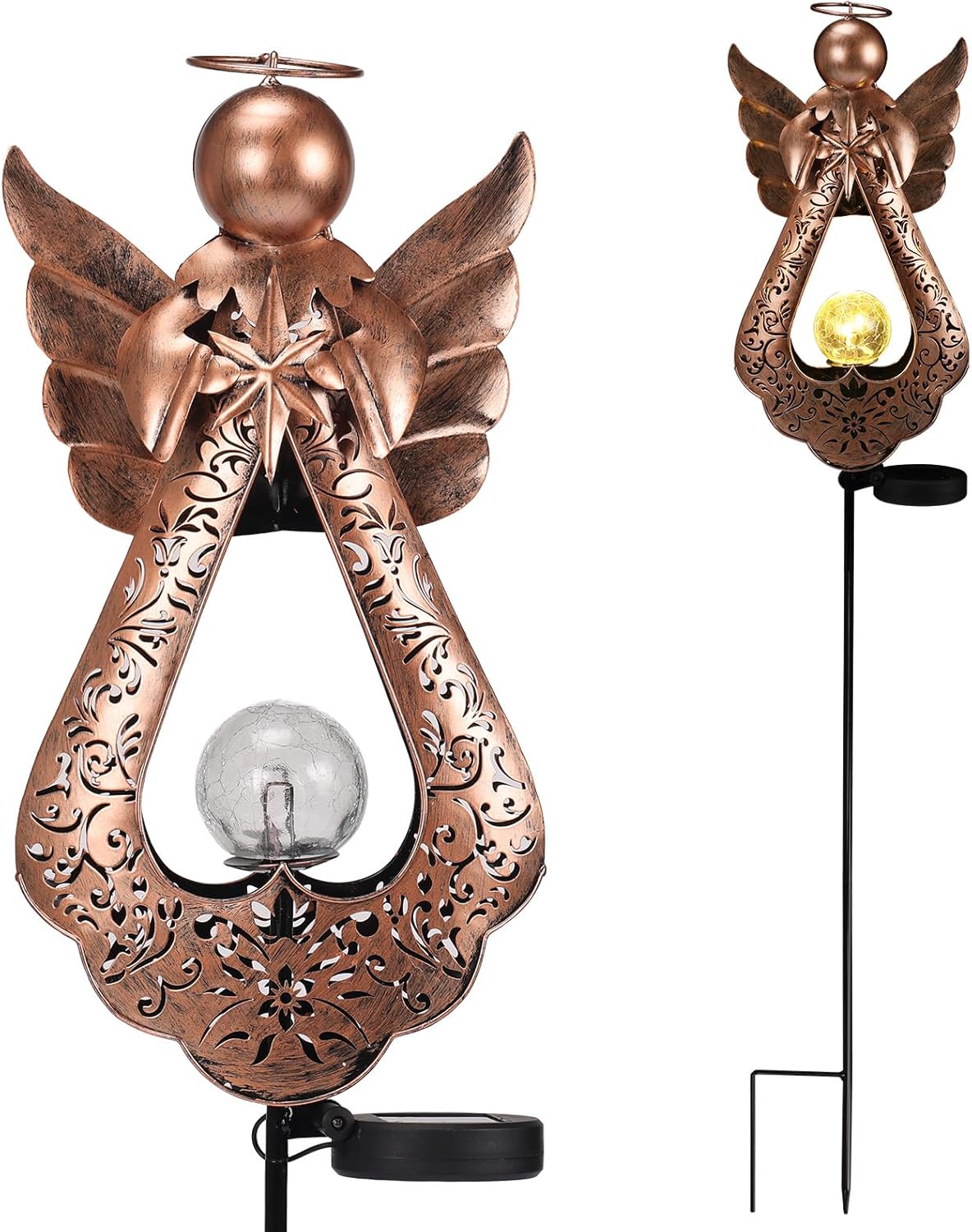 Edenseelake Angel Solar Lights Stake with Crackle Glass Globe Waterproof, Metal Garden Decor Stake LED Light, Memorial Gift for Mom, Women, Friends, Patio, Yard