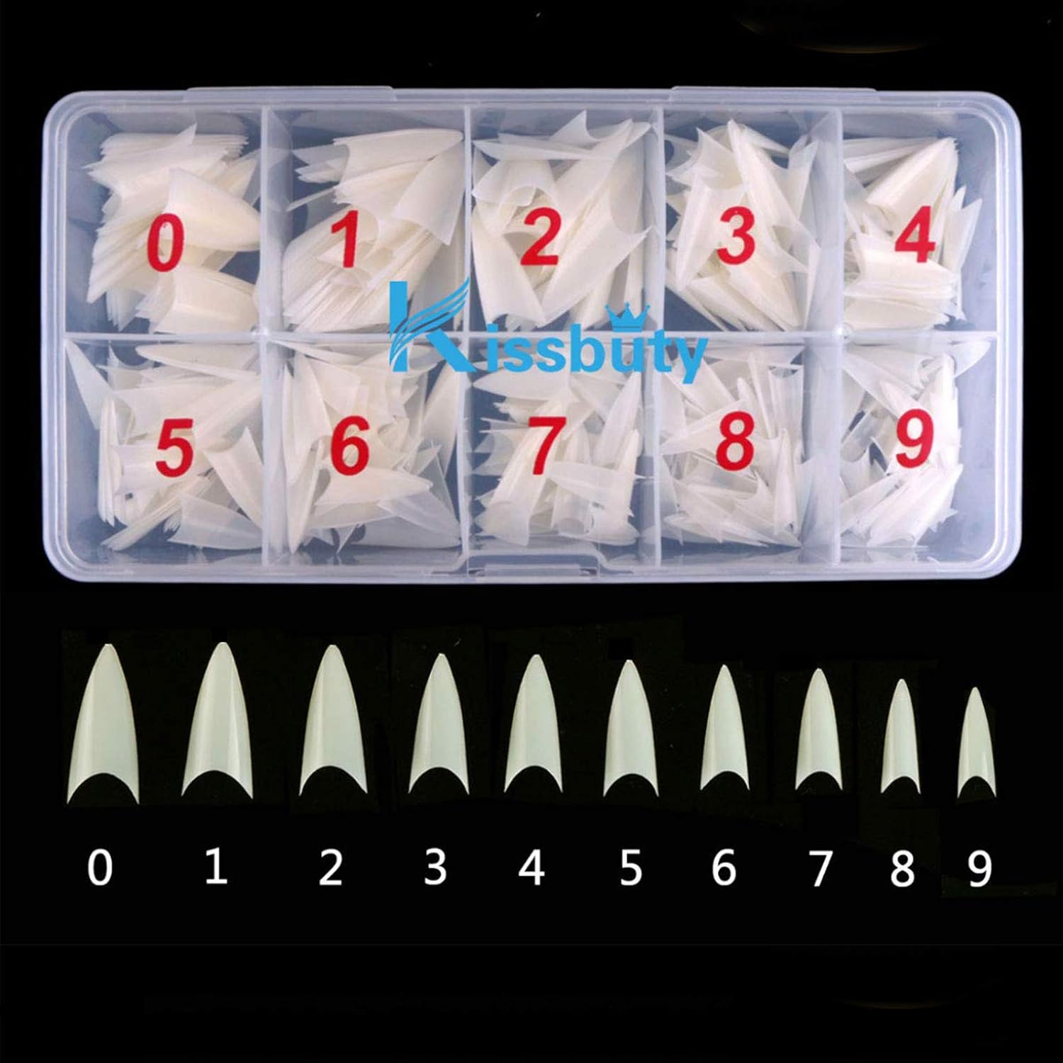 Kissbuty 500 PCS Stiletto Nails Natural Color Sharp Ending False Acrylic Nail Art Tips 10 Sizes With Box Perfect Length for Nail Salons and DIY Nail Art at home (Natural Stiletto Nail Tips)