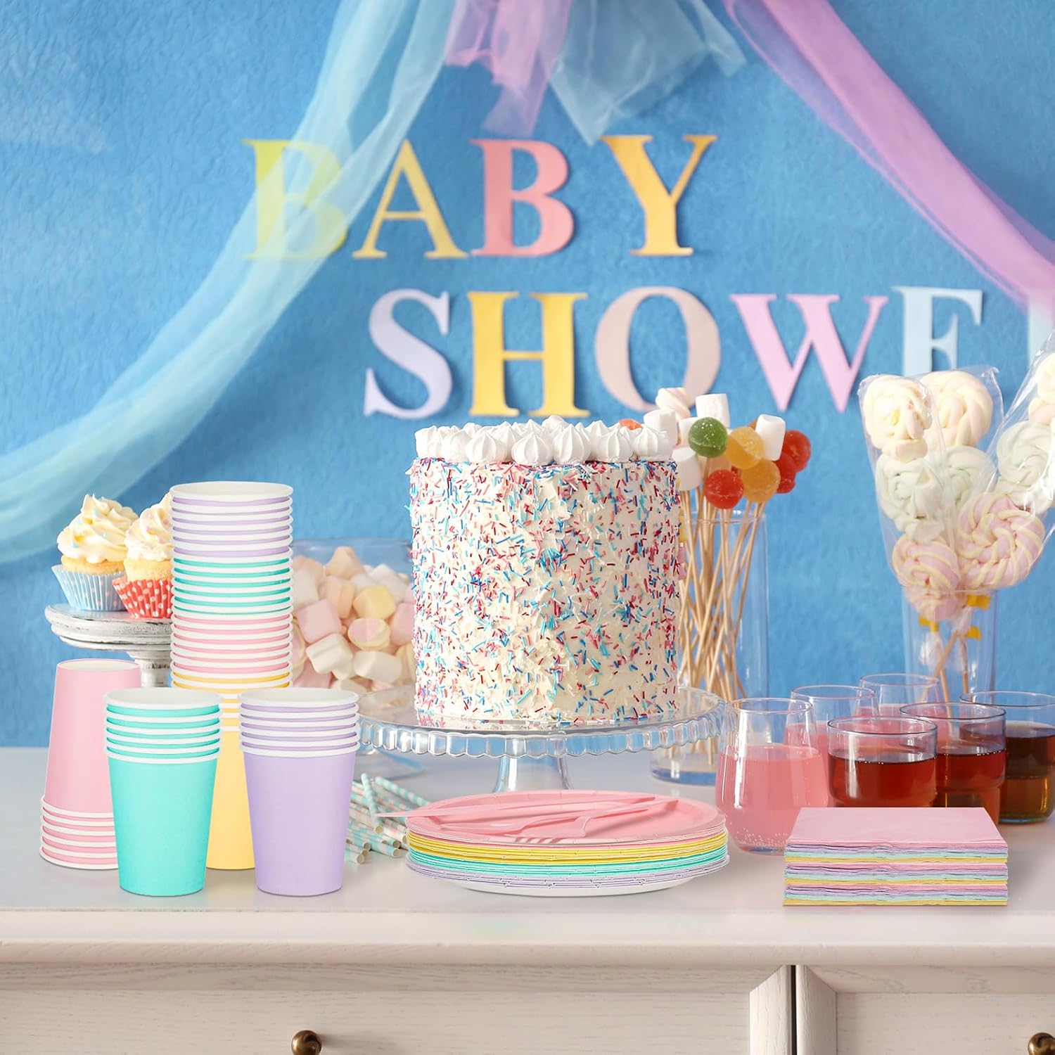 Mifoci 96 Pcs Pastel Disposable Dinnerware Set Include Pastel Paper Plates Cups Napkins Plastic Knives Forks Spoons Macaron Color Party Supplies for Birthday Decoration Wedding Baby Shower, 4 Colors