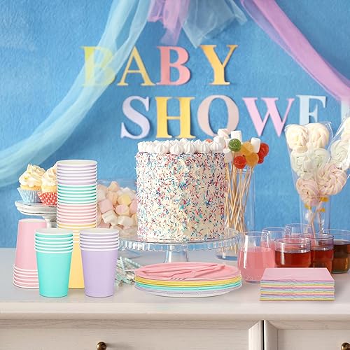 Miniatura 5 de Mifoci Juego de vajilla desechable pastel de 96 piezas, incluye platos de papel pastel, vasos, servilletas, cuchillos de plástico, tenedores,