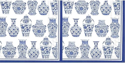 Miniatura 1 de Boston International IHR Rosanne Beck Collections - Servilletas de papel para bebidas de cóctel, 5 x 5 pulgadas, urnas azules y blancas, 20 unidades
