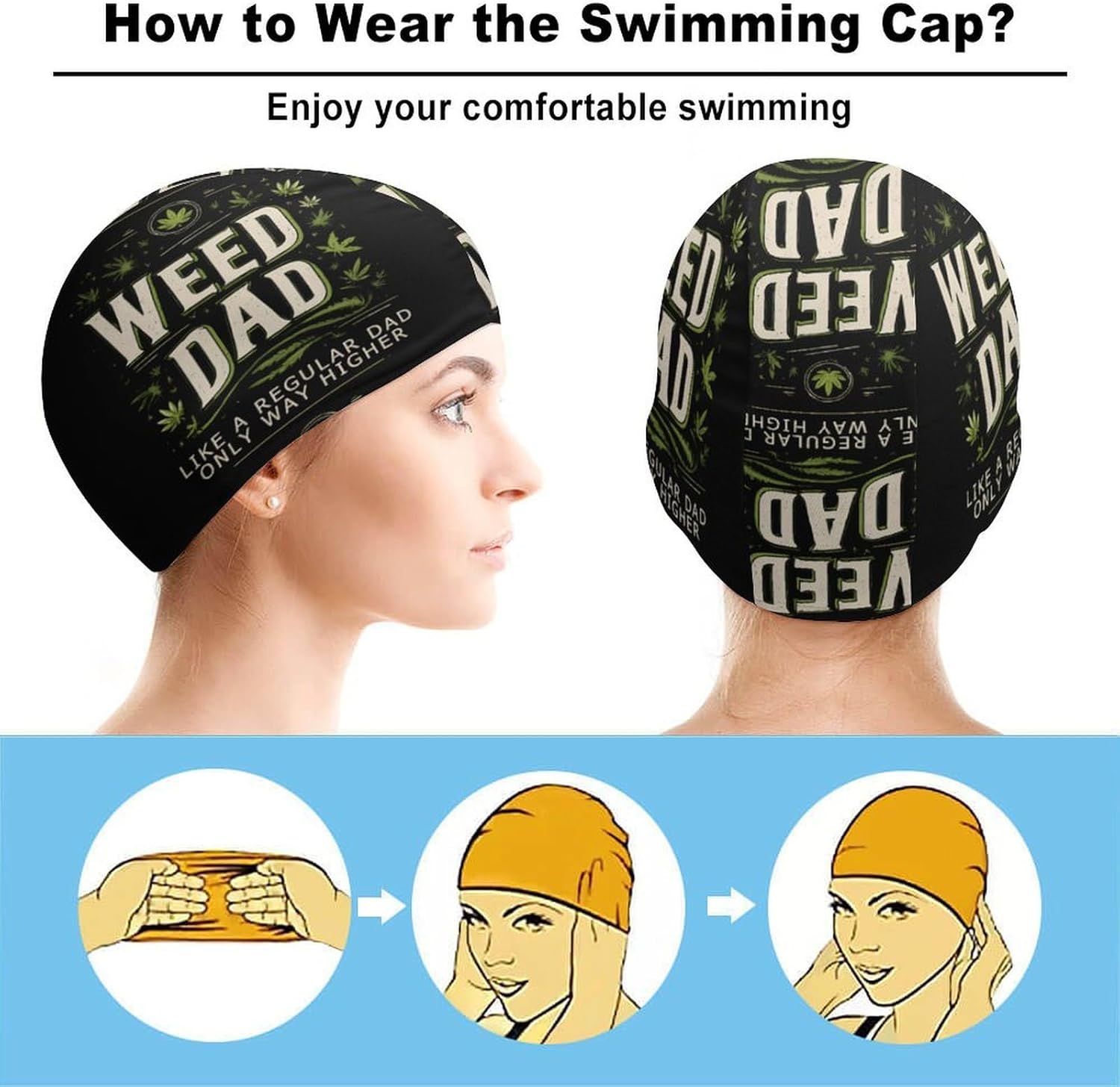 Funny Weed Dad Womens Swim Cap for Men Adult Swimming Hat Curly Short Medium Long Hair