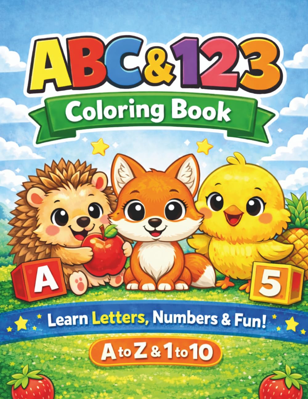 ABC & 123 Coloring Adventure: A Fun Learning Coloring Book with Letters, Numbers, Animals & Fruits for Kids