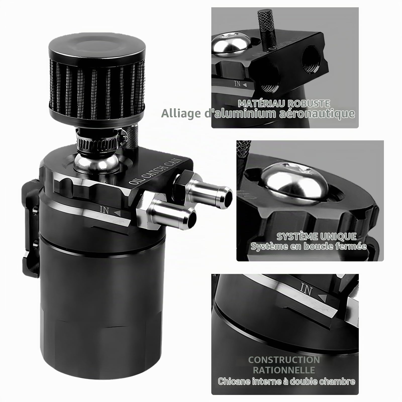 Aluminium Voiture Réservoir, Vidangeur Huile Moteur, Universel Séparateur Bidon Huile Voiture Air Filtre avec Filtre à Air, Tuyau et Autres Accessoires(Noir)