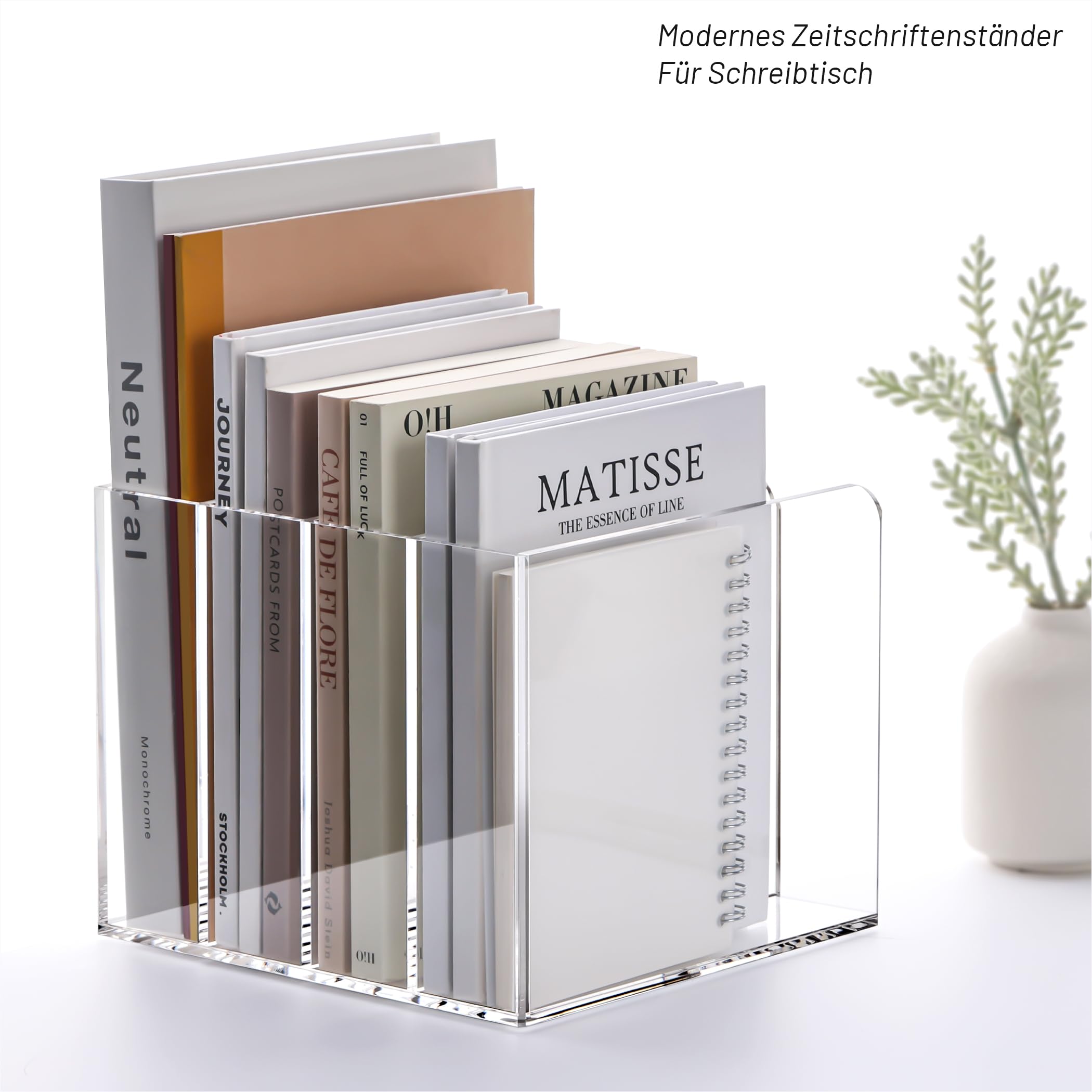 SANRUI Premium Zeitschriftenhalter Acryl (4 Fächer) - Glasklarer Zeitschriftensammler & Schreibtisch Buchstütze, Moderner Aktenordner Stehsammler für Büro, Home Office & Deko, 16x21x18.5 cm
