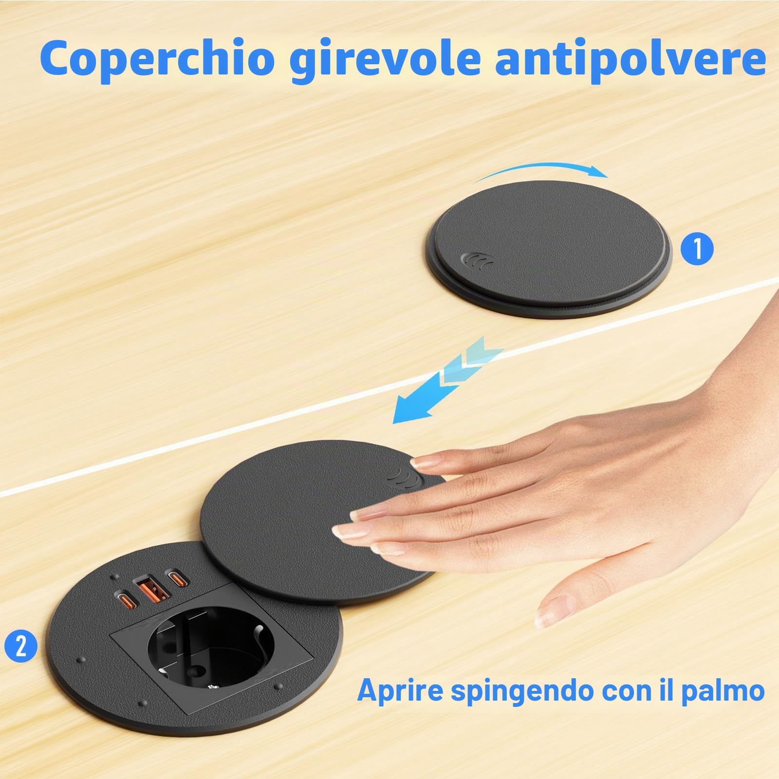 Presa da incasso con USB-C PD35W e USB-A 30W, presa da tavolo Sewingvr con coperchio, presa a scomparsa con 3 USB, cavo da 1,8 m, colore nero