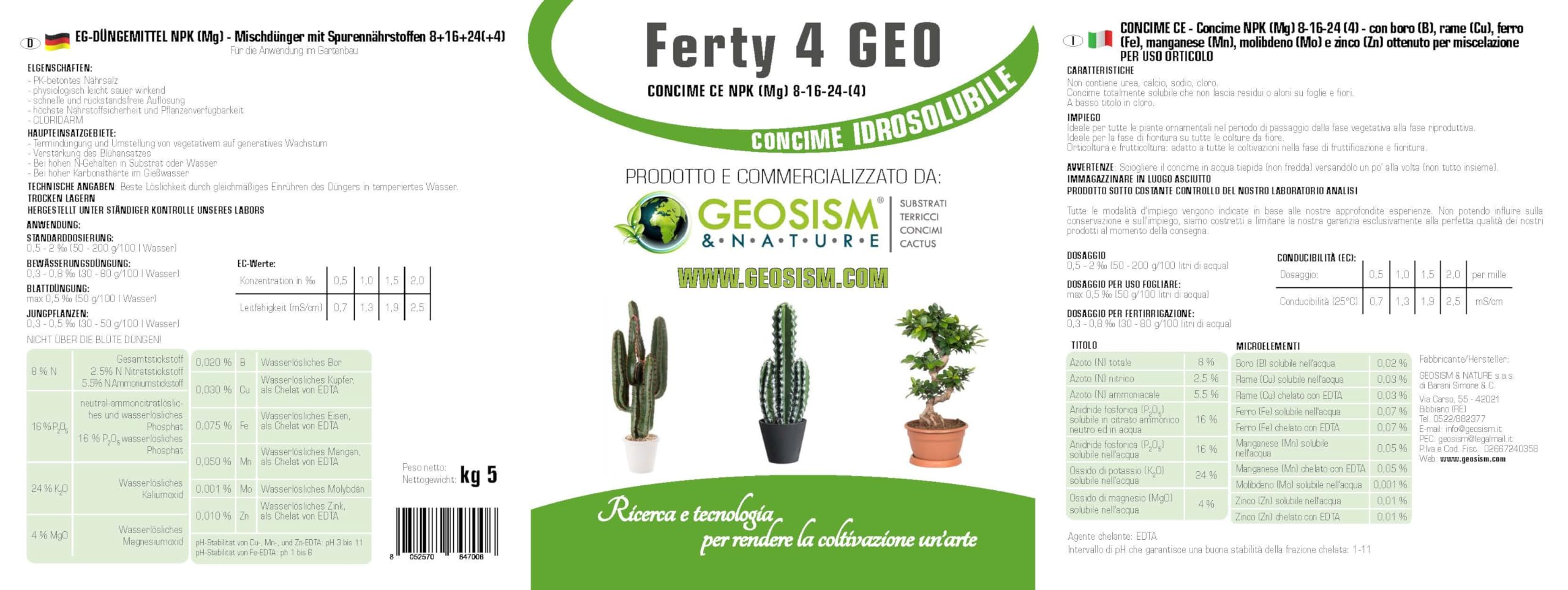Ferty 4, NPK(Mg) 8-16-24+(4) + microelementi (5 kg), concime in polvere idrosolubile per piante e fiori