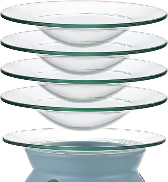 BSTKEY 5 Packs Glass Replacement Oil Warmer Dish, Clear 4.5 Inch Wax Melt Warmer Bowl Plate Lid Tray Replacement for Oil Burner