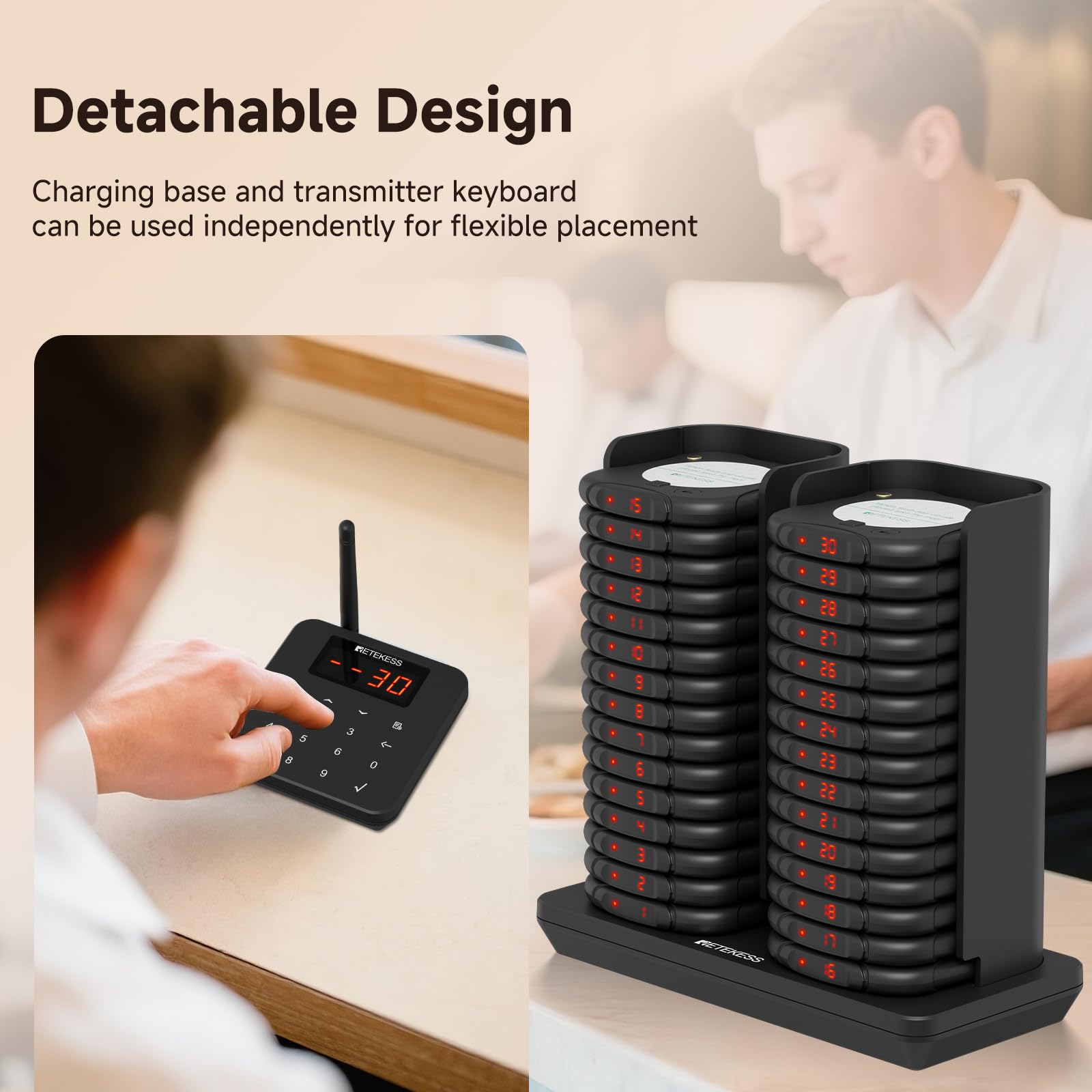 Retekess TD186 Bezprzewodowy System Przywoławczy, 30 Pagerów | Do Duża Restauracja, Klub, Największa 600M, Konstrukcja Antyprzewrotna, 300 mAh 24H, 64 Tryby Przypomnień, Plug and Play