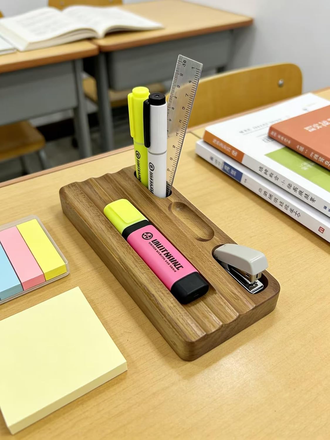 Horizontal Pen Holder Rectangle Pen Holder Wooden Desk Organizer Pencil Holder with 4 Groove Stylish Vintage Fountain Pen Tray for Home Office Classroom Desktop Accessories (Log)