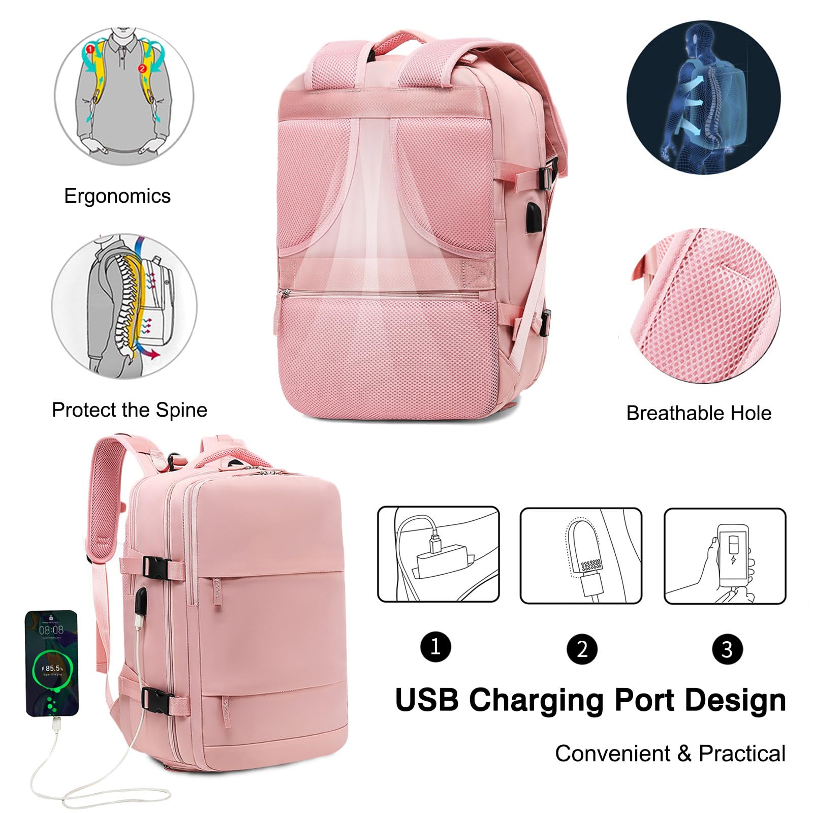 FANDARE Unisex Zaino Casual Zaino pc 15.6 pollici con porta di ricarica USB zainetto con chiusura a 180° Borsa da Cabina per Voli Zaino Lavoro viaggio Ufficio Zaini Scuola Università Nero