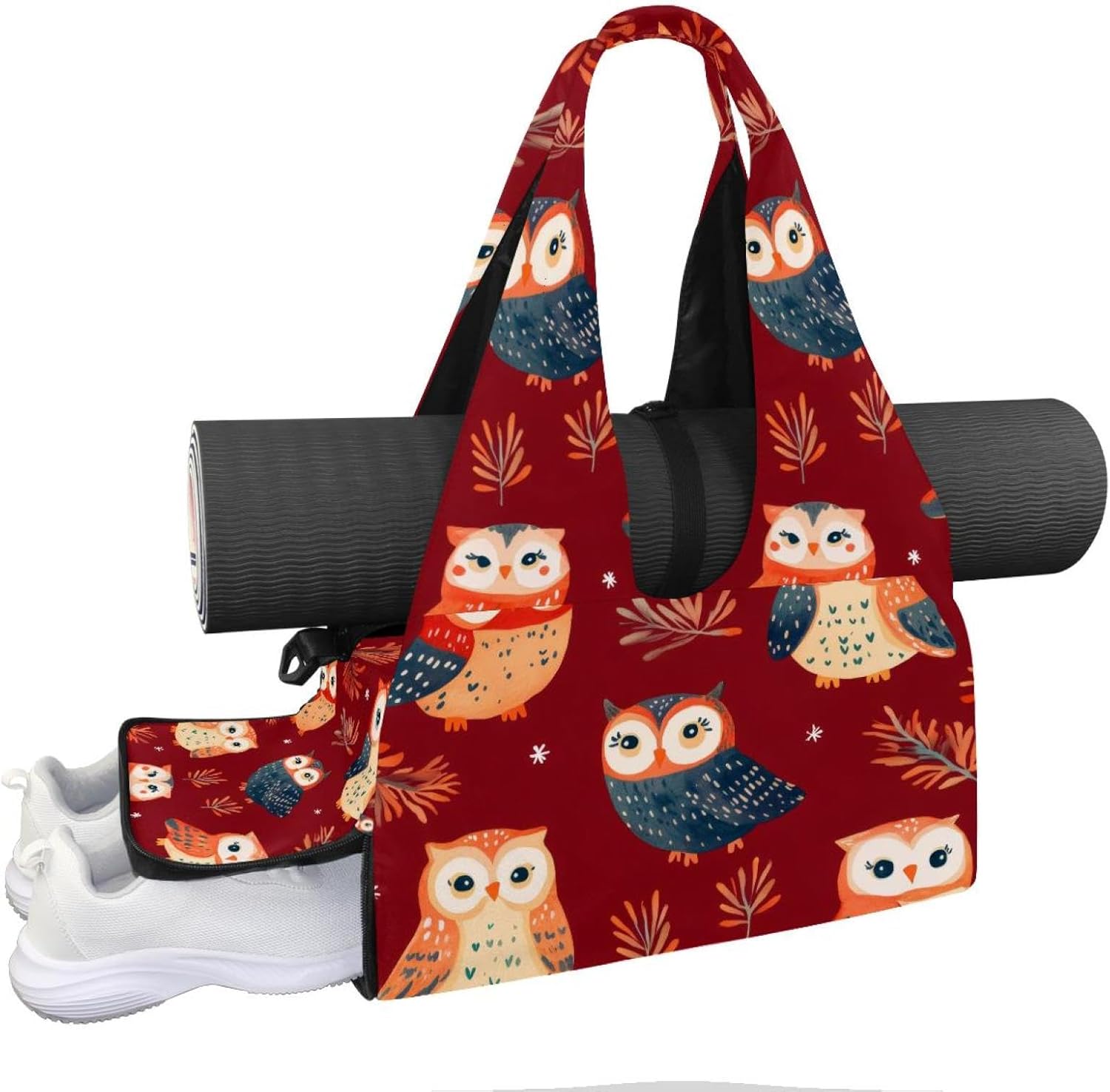 Gym Bag for Women, Owls Leaves Yoga Mat Bag with Shoe Compartment, Sport Yoga Gym Bag with Yoga Strap, Carryall Yoga Tote Bag