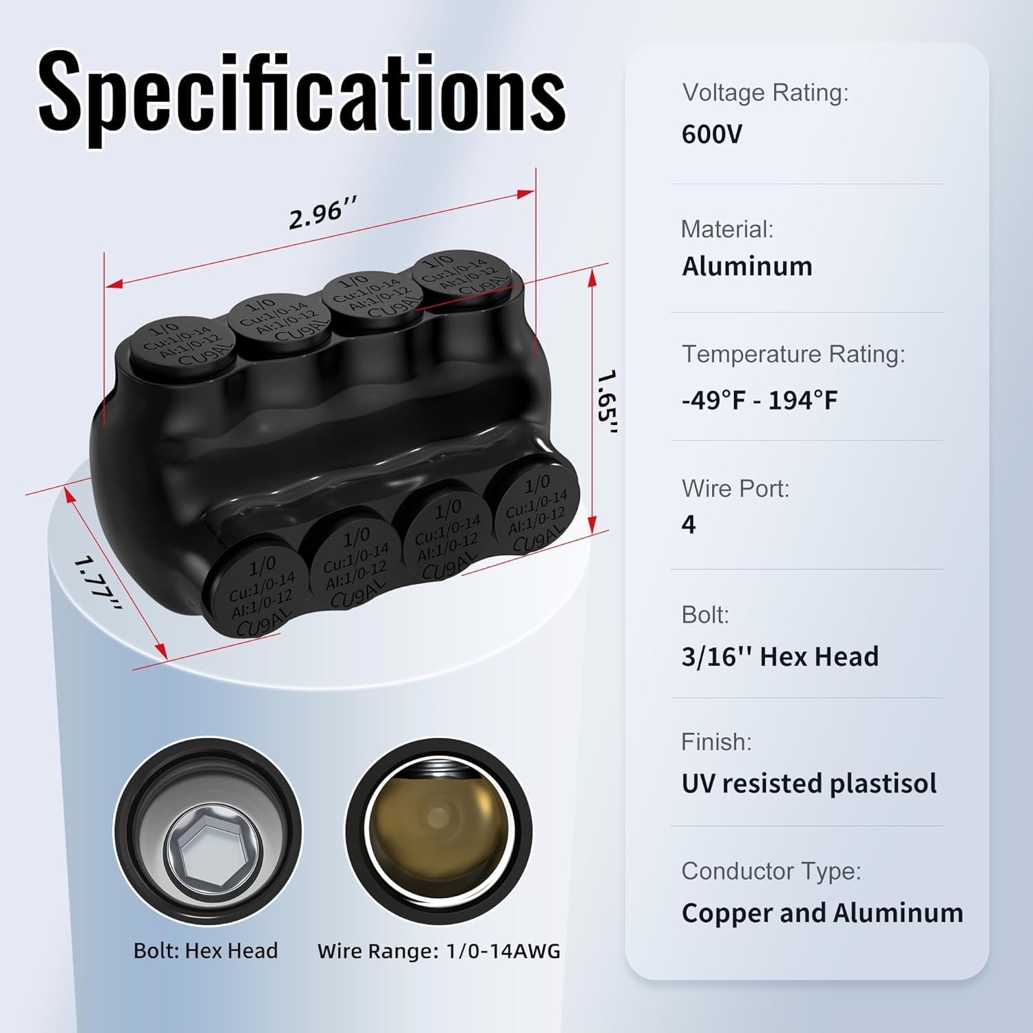 4 Port Black Insulated Connectors 1/0-14AWG Insulated Multi Tap Connector 3/16" Allen Hex Aluminum Wire Connector - 6 Pack