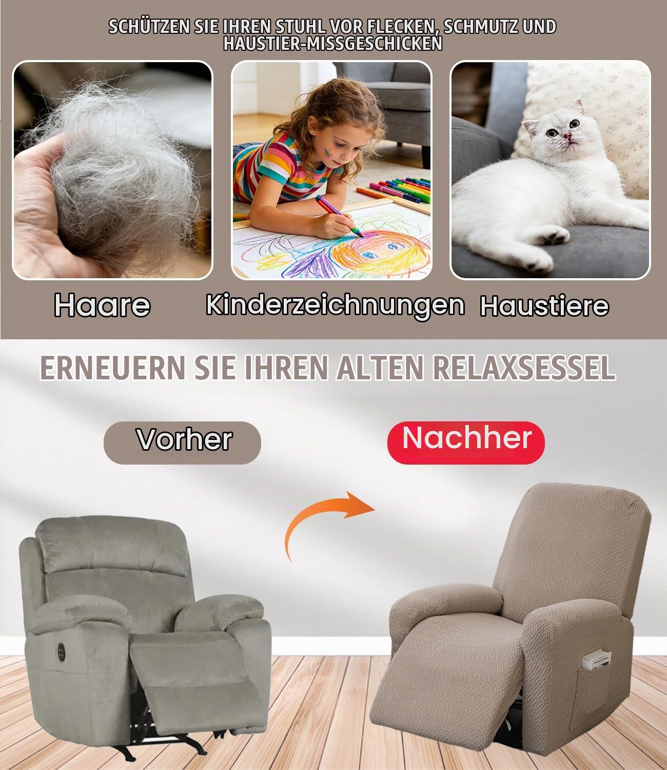 sesselschoner für Relaxsessel 1 Sitzer, 4-Teilig Jacquard Khaki Sesselschoner für Fernsehsessel und Relaxsessel mit Taschen, Stretch Sesselbezug mit armlehne