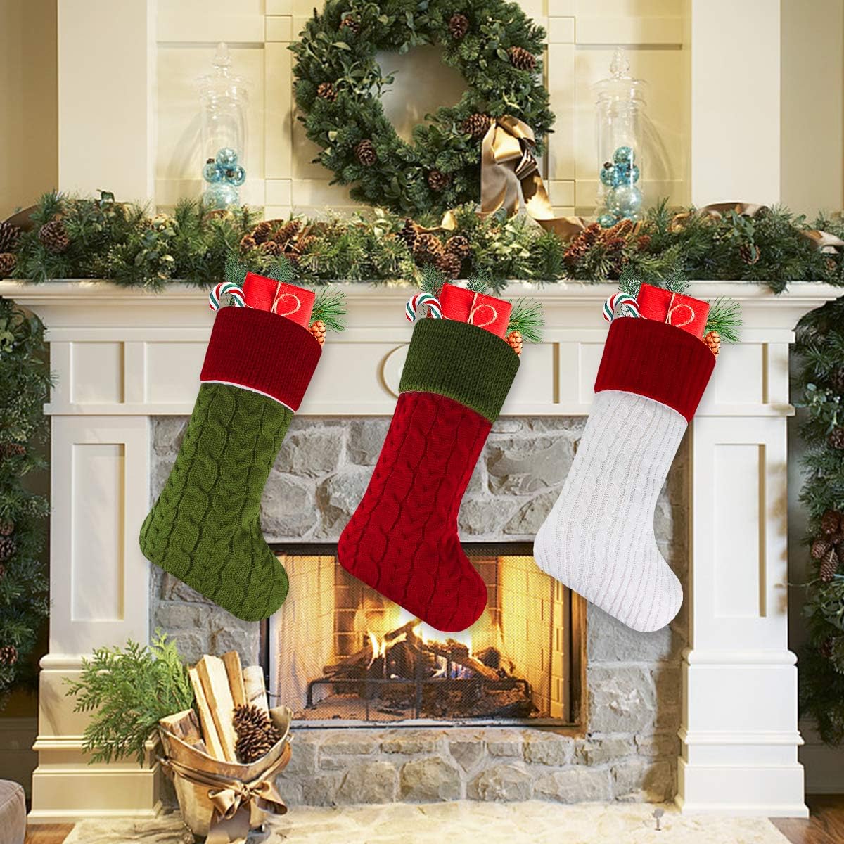 Libay Knit Christmas Stockings, 3 Pack 18" Large Size Cable Knit Knitted Xmas Stockings for Christmas Decorations and Family Holiday Season Decor (White/Red/Green)