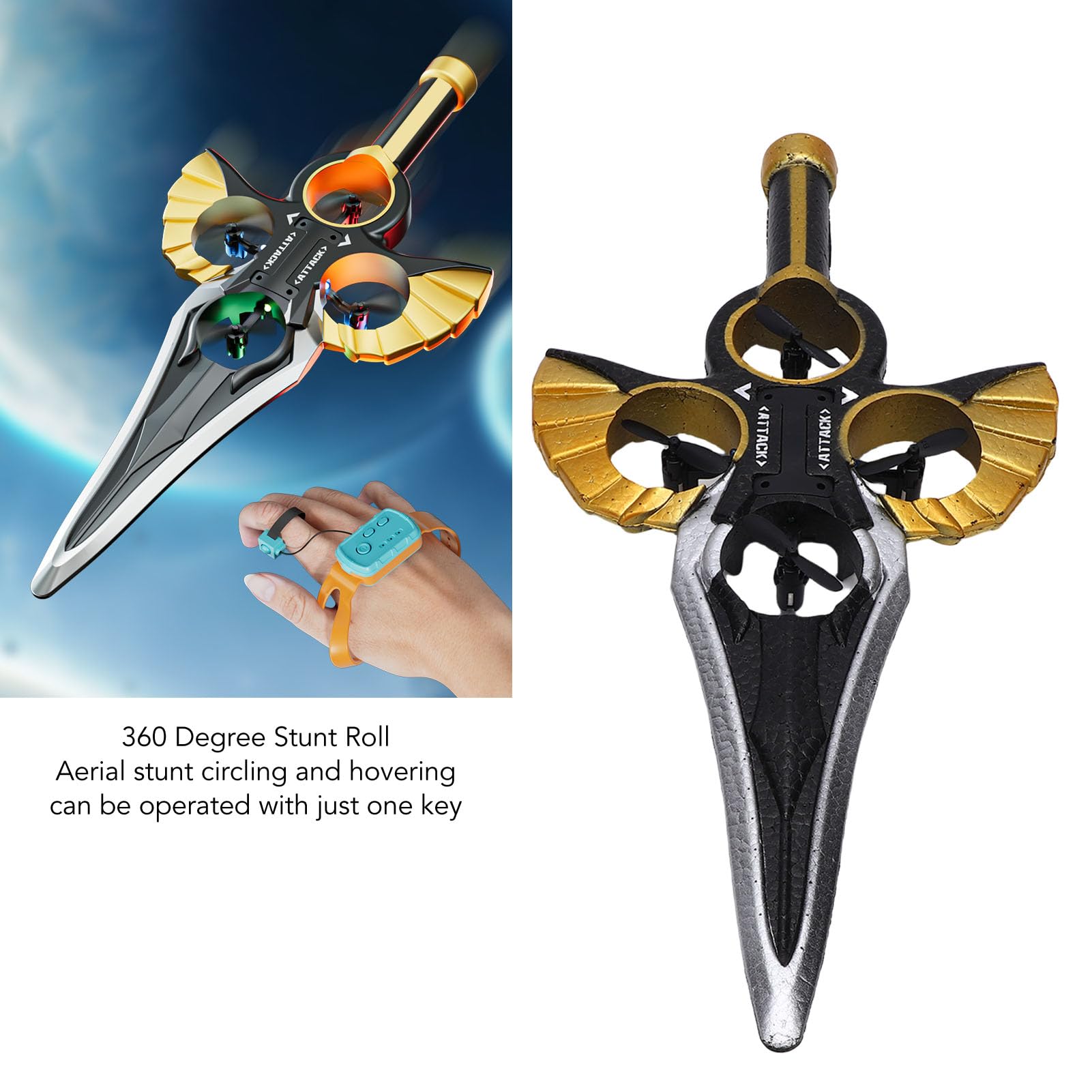 Garsent Flying Sword RC Planeador con Piloto Automático, Control Remoto de Acrobacias de Espada Voladora, Onda Manual, Avión RC Ligero, para Adolescentes y Adultos, Juguete de Avión de (Oro Negro)