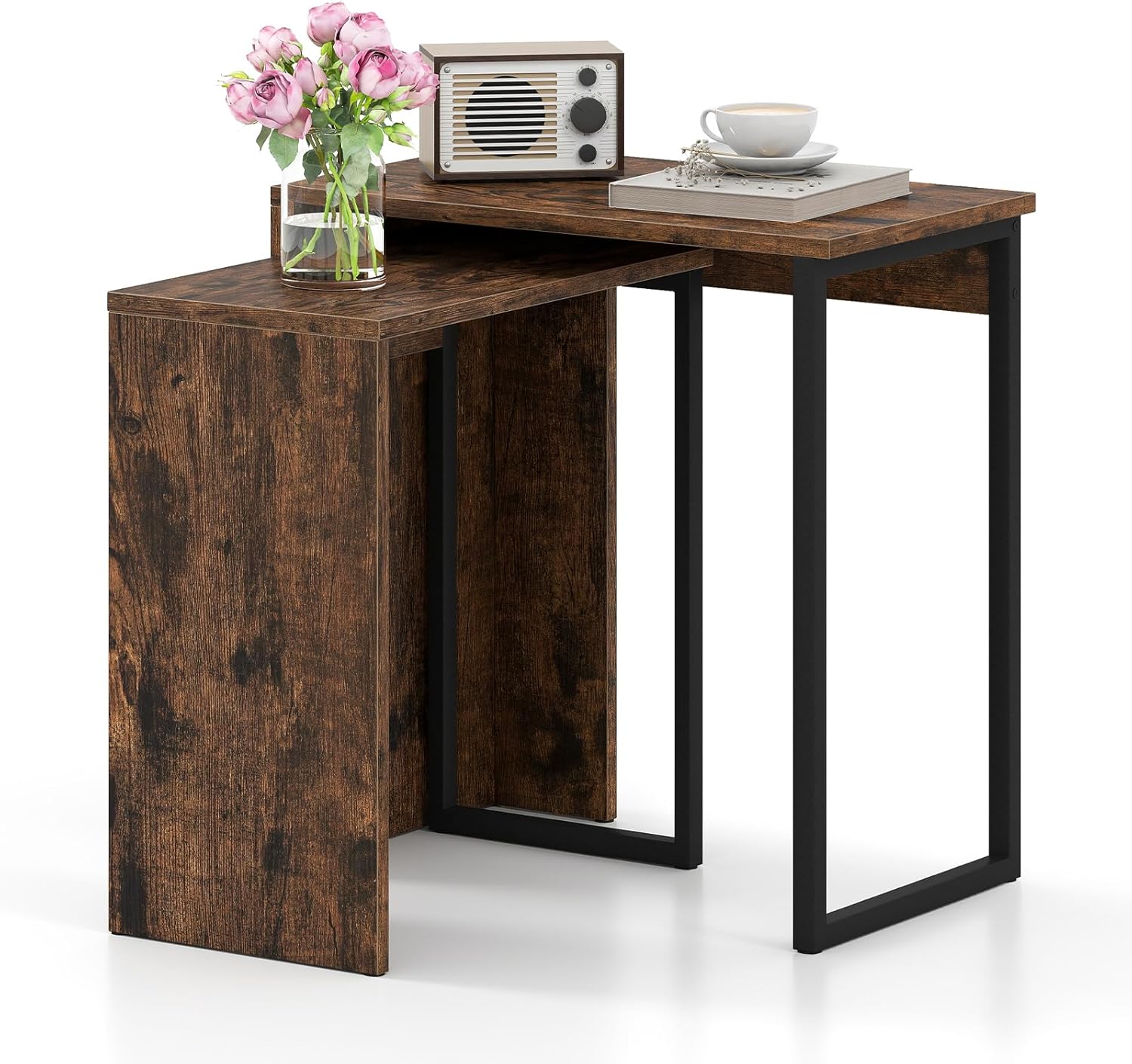 GOFLAME Nesting Coffee Table Set of 2, Wood Nesting Side Tables with Sturdy Metal Frame, Rectangular Stacking Tables, Industrial Nesting End Tables for Living Room, Bedroom, Rustic Brown