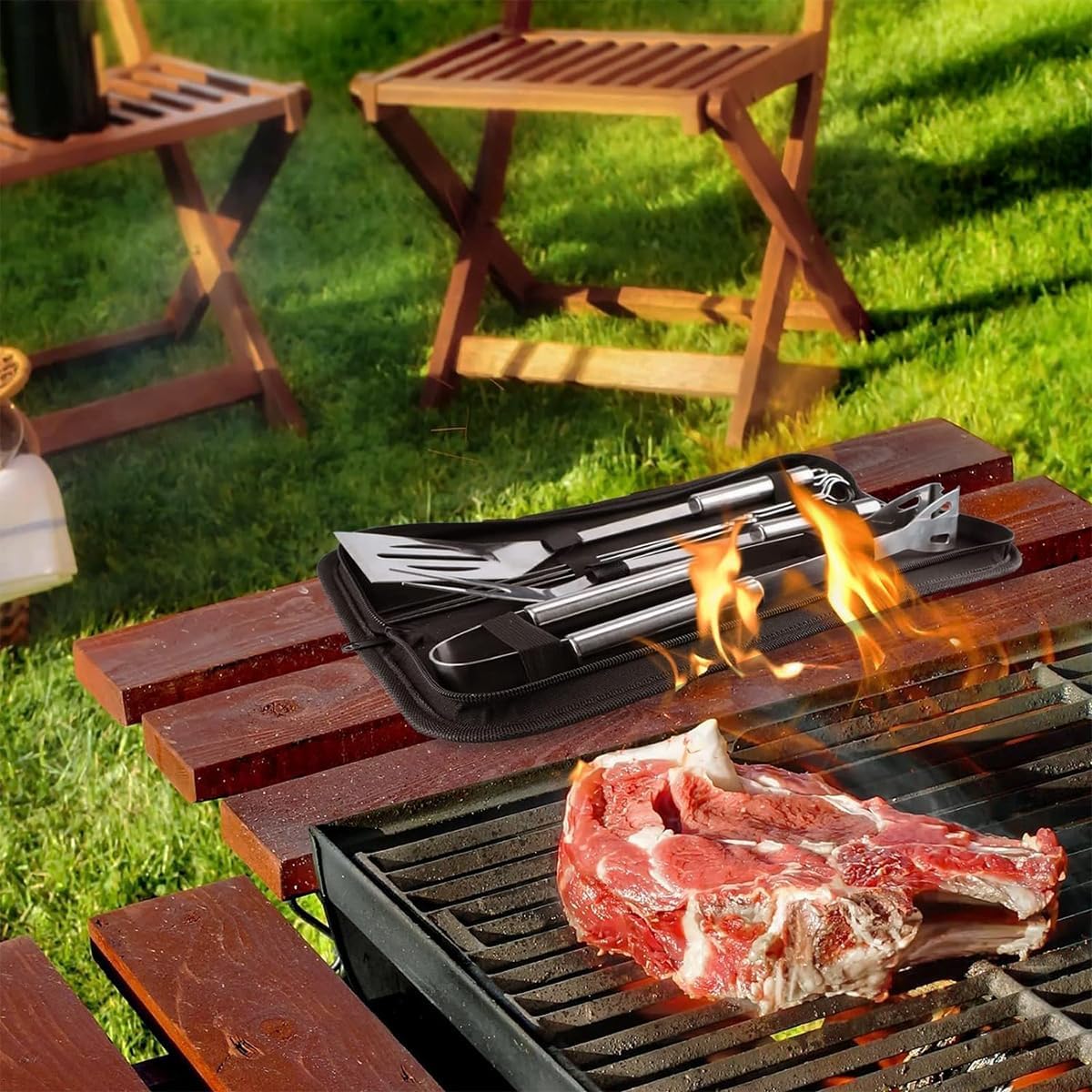 BBQ Grill Tool Set, 3Pcs Stainless Steel Barbeque Grilling Tool Set, Includes a Spatula/Fork/Pair of Tongs, and a Cloth Storage Bag, BBQ Tools for Backyard Outdoor Kitchen (3 Pack) - Image 7