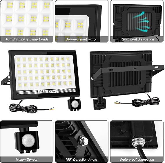 T-SUN Security Lights Outdoor Motion Sensor, 10000 Lumen, Dusk Till Dawn | Outdoor Lights, 100W LED Floodlight, IP66 Waterproof Sensor Lights Outdoor Mains Powered for Backyard, Garage, Doorways