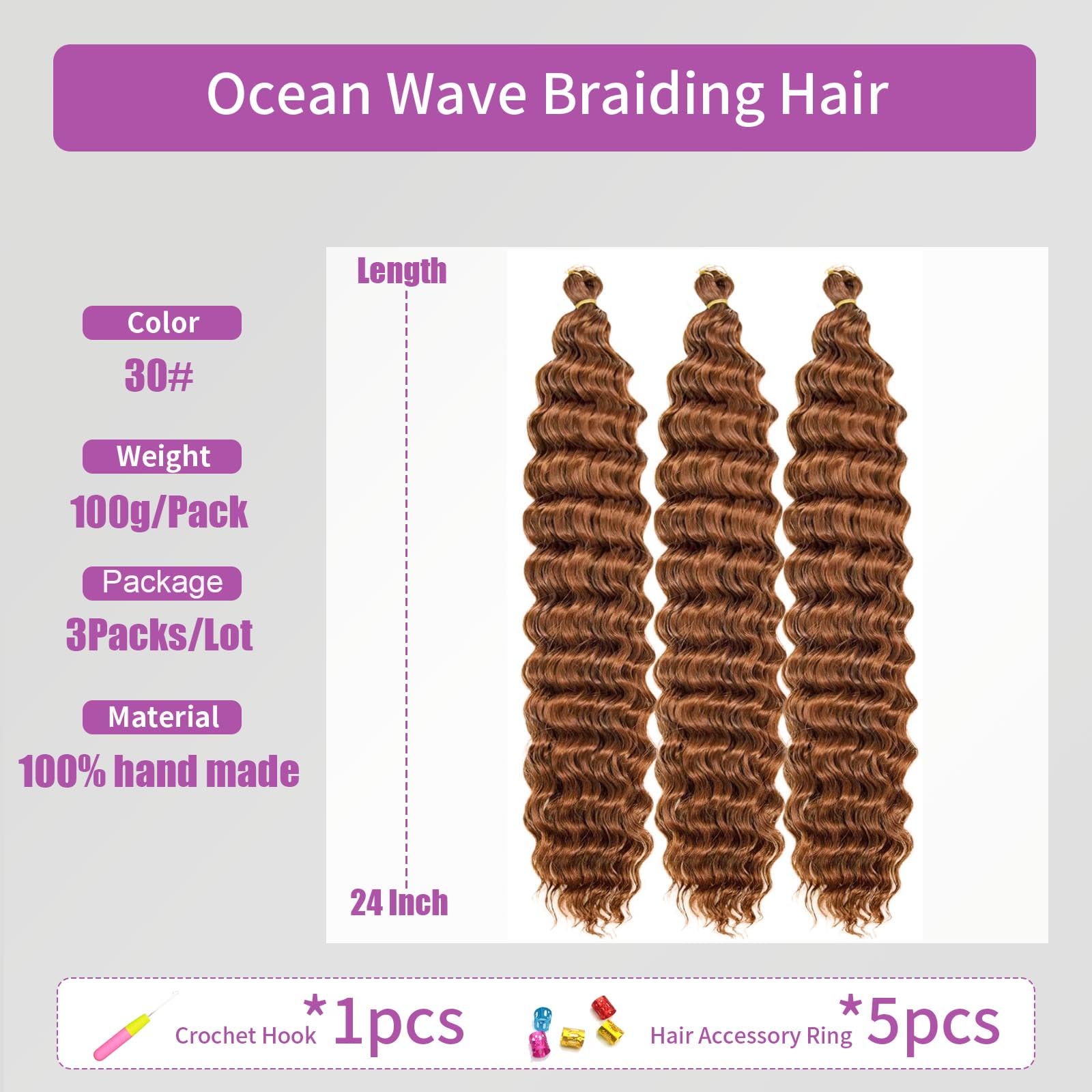 Ocean Wave Crochet Hair 3Packs Deep Wave Braiding Hair Curl Crochet Braiding Hair Extension Ocean Wave Braids Hair for women (30# - Image 2