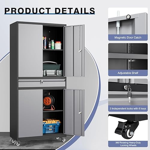 Vista 36 de Gabinete de metal de 72 pulgadas, armario de almacenamiento con bloqueo con 2 puertas y 5 estantes ajustables, gabinete de herramientas de acero
