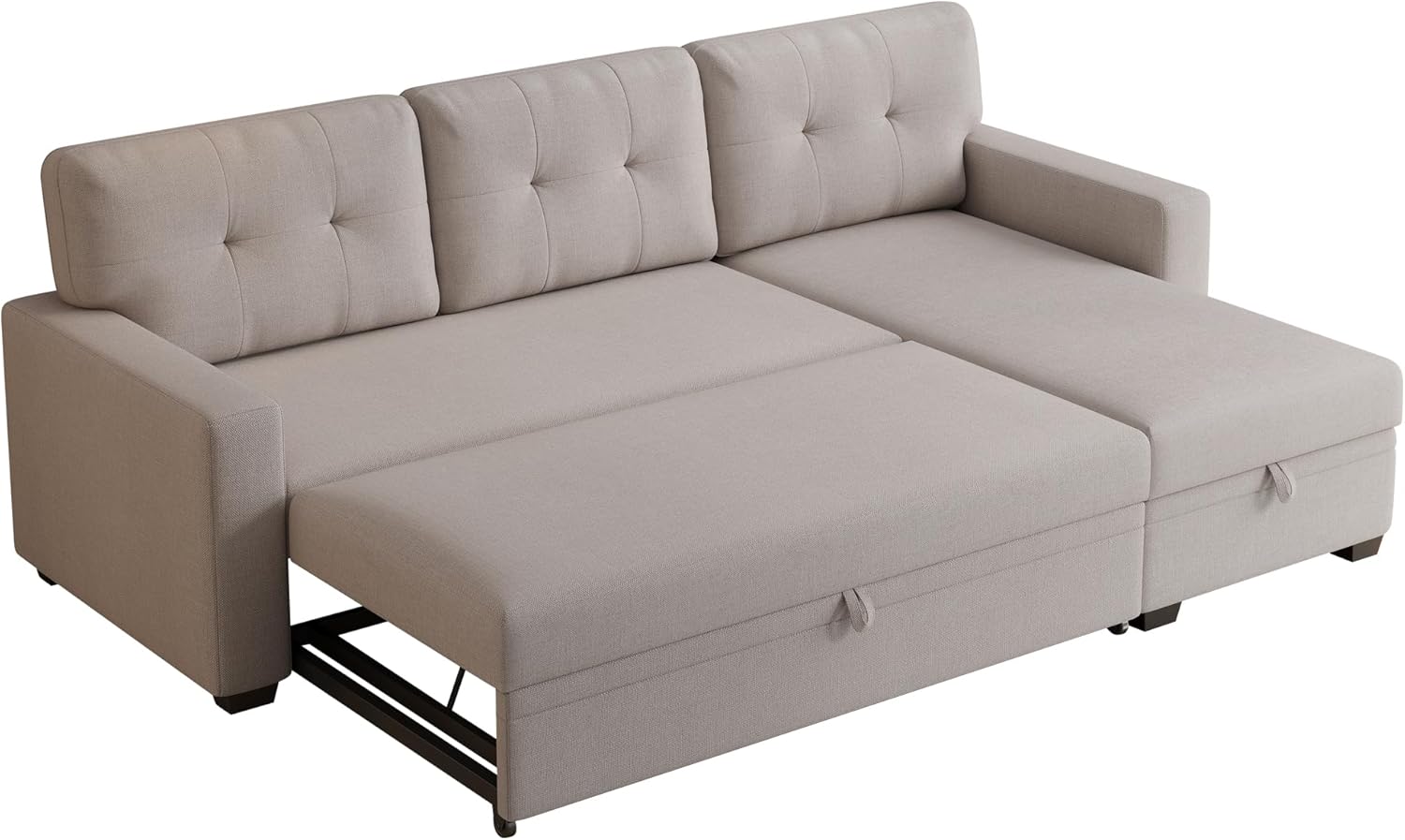 82" Sectional Sleeper Sofa Bed,Convertible L Shaped Pull Out Couch with Storage Chaise&Removable Back Cushion,Reversible Sofa-Bed W/Linen Tufted Fabric for Livingroom,Office,Apartment,Beige