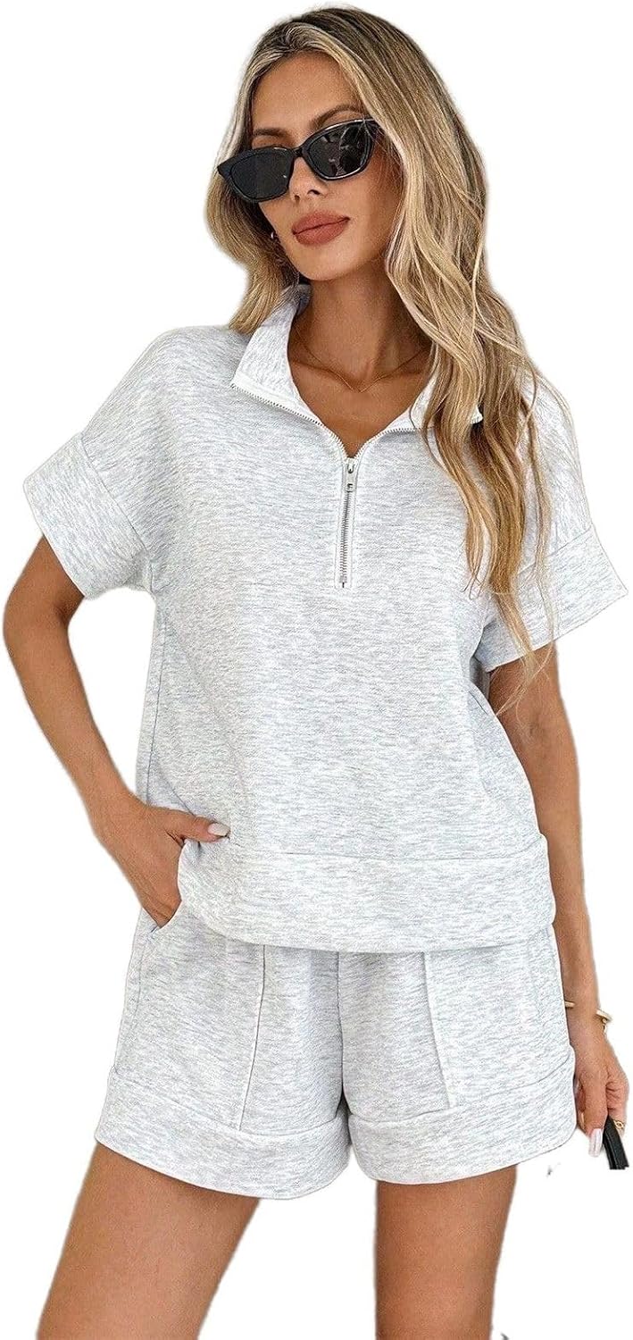 Women's Half Zip Lapel Top and Loose Sports Shorts 2 Piece Set For Female
