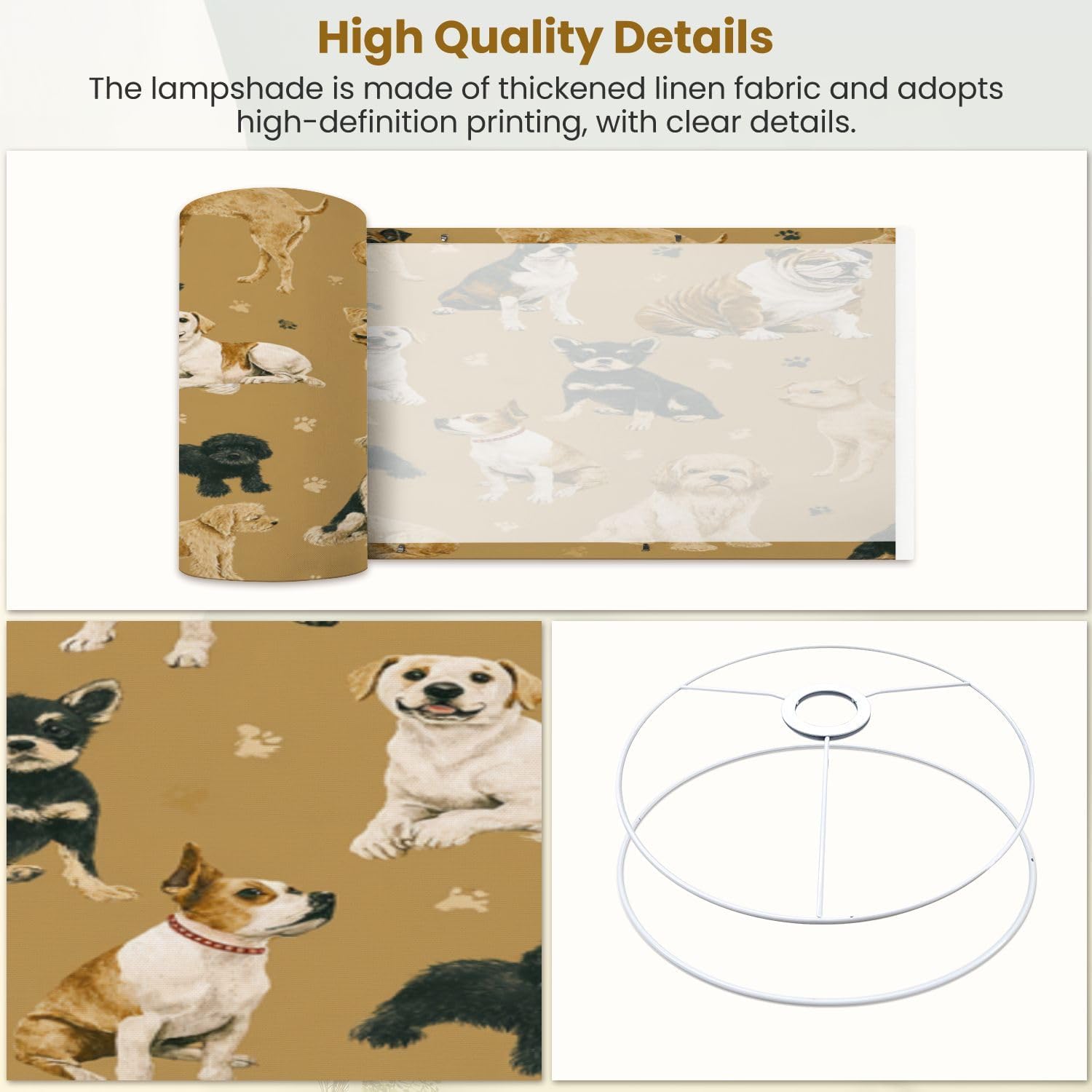 Linen Drum Lamp Shades Set of 2, 13''Wx10"H, Various Dog Breeds Paw Prints Warm Tan Replacement Lampshades for Floor Lamps Table Lamps Modern Farmhouse Lampshade Easy Assembly