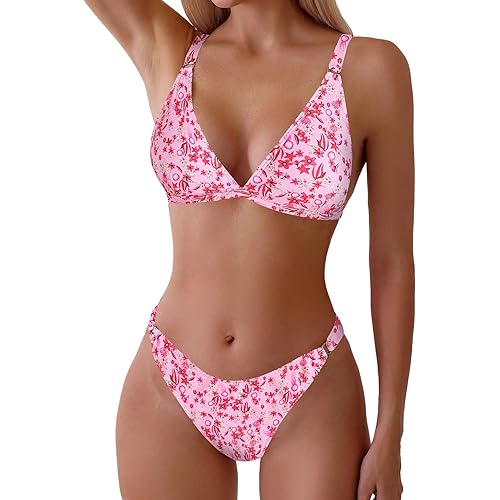 ZAFUL Women's 2 Piece Floral Print Swimsuit Triangle String High Cut Bikini Sets Bathing Suit