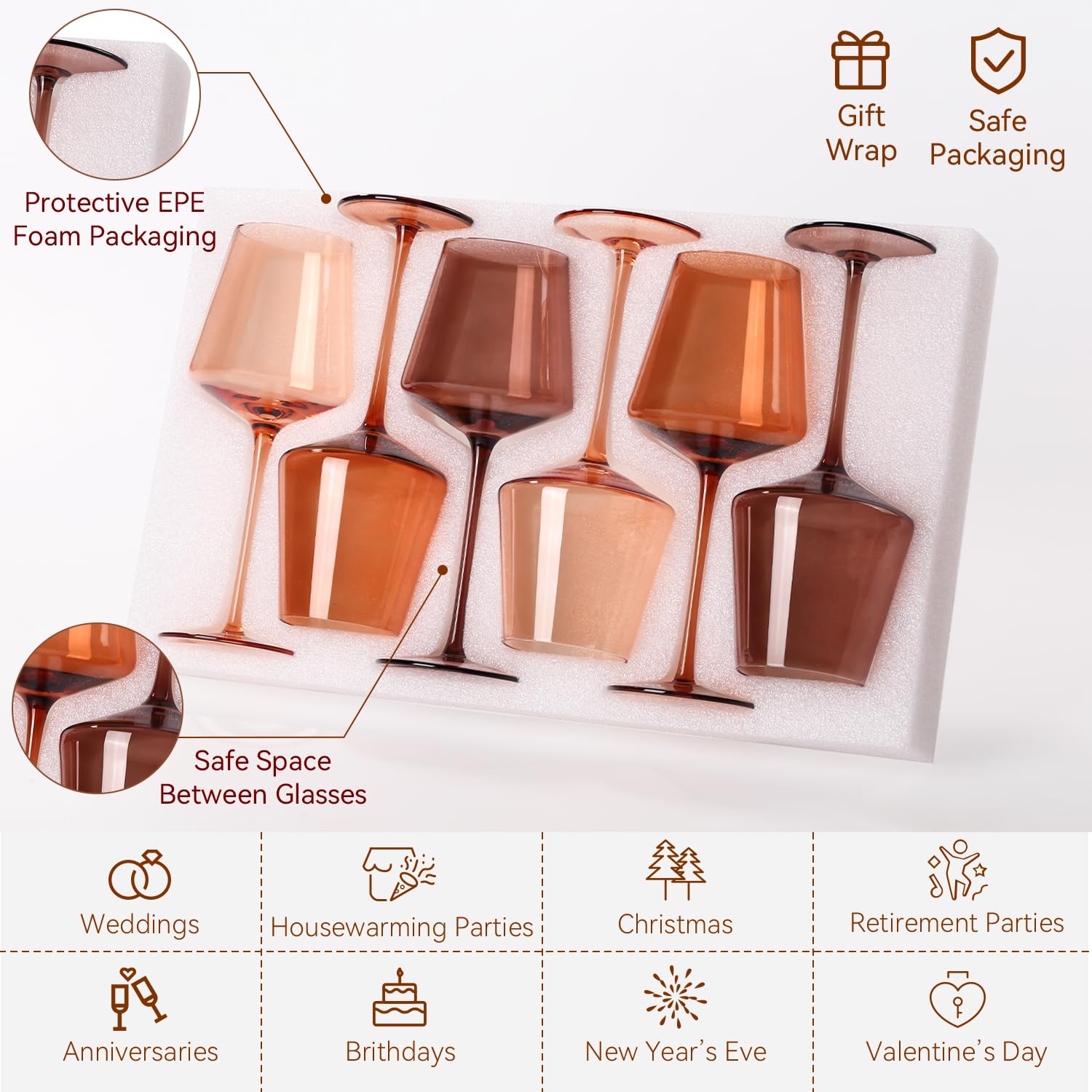 Venus - Juego de 6 copas de vino sopladas a mano, copas de vino de cristal ámbar, juego de copas de vino marrón para otoño, invierno, cena de vino