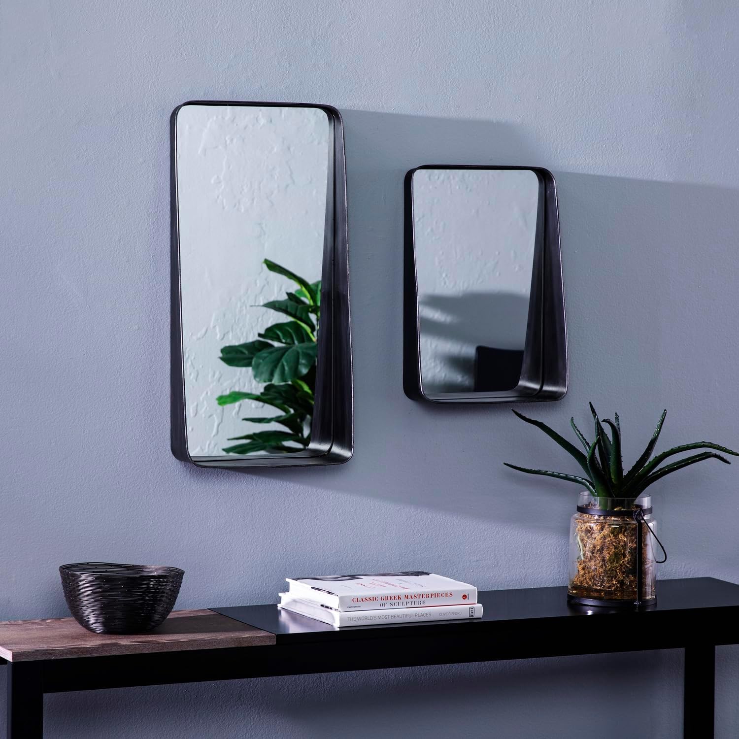HomeStock Wall Mirror Set of 2 - Decorative Metal Frame with Shelves - Black Finish