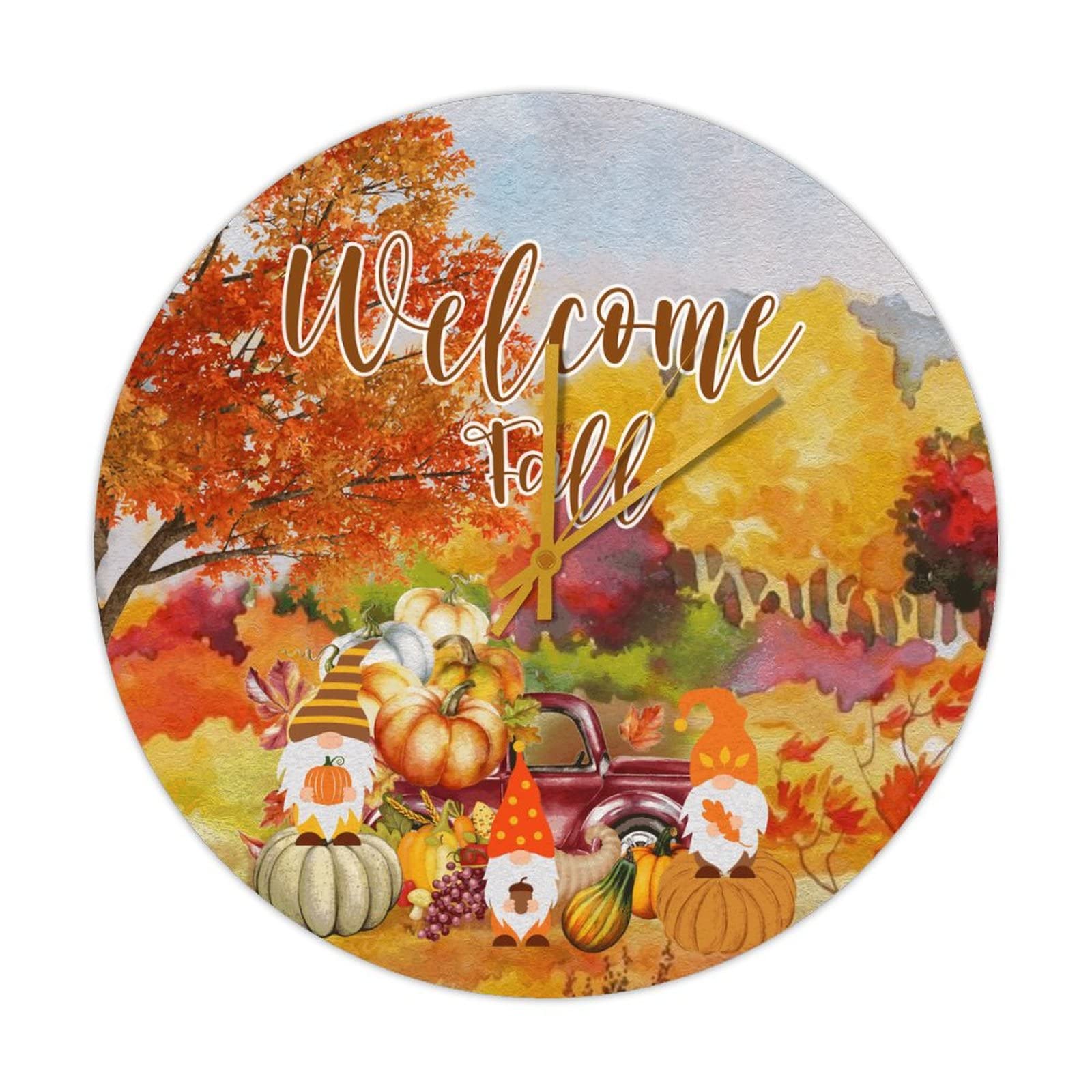 Horloge ronde en bois avec gnome et citrouilles décor de ferme 38cm