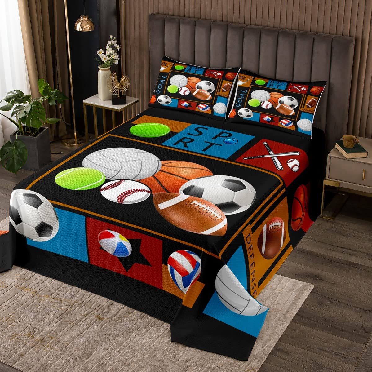 Baseball Piłka nożna Koszykówka Narzuta Zestaw Gaming Sport Pikowana Narzuta Pikowana Narzuta Pikowana Narzuta dla Chłopców Dziewcząt Gra Sportowa Sypialnia Dekoracja Pikowana Piłka Z 2 Poszewkami Na Poduszkę Podwójna